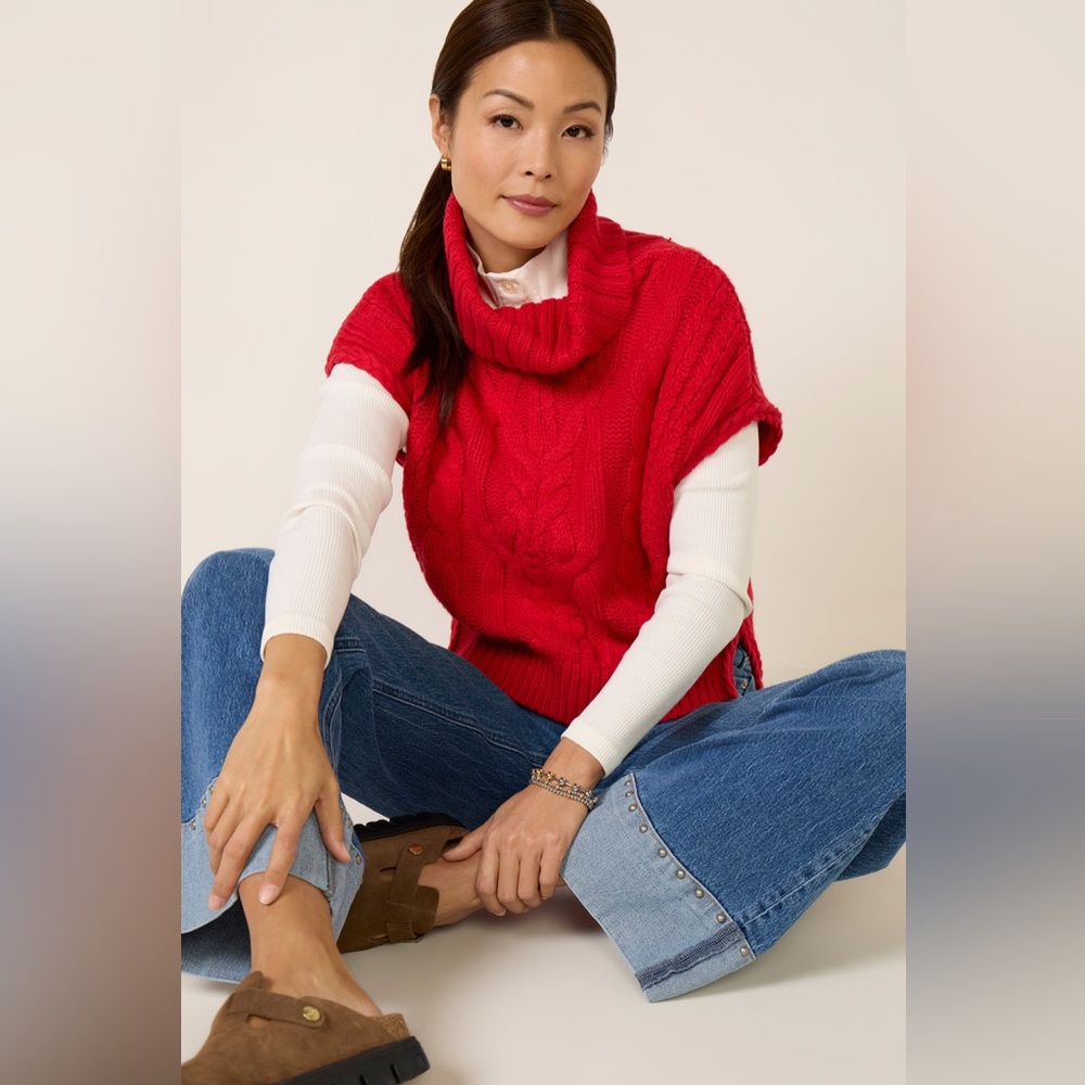 525 America Angelica Cable Trim Turtleneck Vest Cotton Blend Red Size M